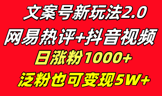 文案号新玩法 网易热评+抖音文案 一天涨粉1000+ 多种变现模式 泛粉也可变现-56课堂