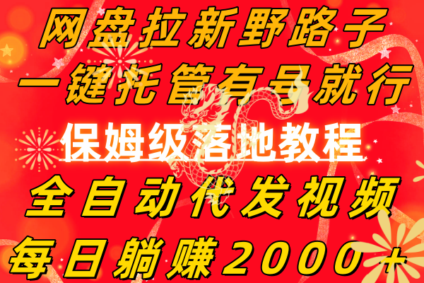 网盘拉新野路子，一键托管有号就行，全自动代发视频，每日躺赚2000＋，…-56课堂